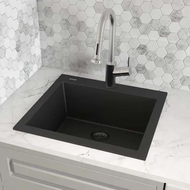 Alt view image 2 of 6 - 23 x 20 inch epiGranite Drop-in Topmount Granite Composite Quartz Single Bowl Wet Bar Prep Sink - Midnight Black - RVG1023BK