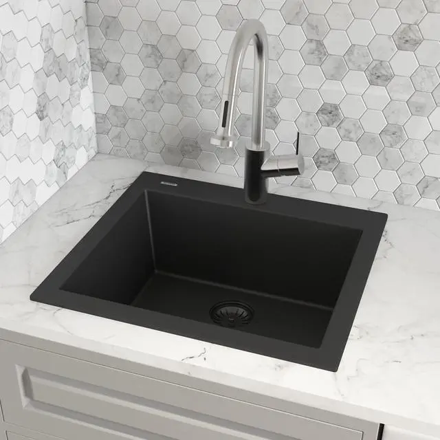 Alt view image 2 of 6 - 22 x 20 inch epiGranite Drop-in Topmount Granite Composite Quartz Single Bowl Wet Bar Prep Sink - Midnight Black - RVG1022BK