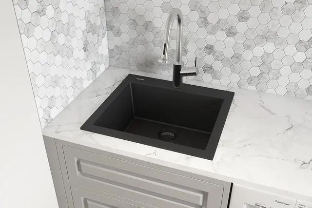 Alt view image 4 of 6 - 22 x 20 inch epiGranite Drop-in Topmount Granite Composite Quartz Single Bowl Wet Bar Prep Sink - Midnight Black - RVG1022BK