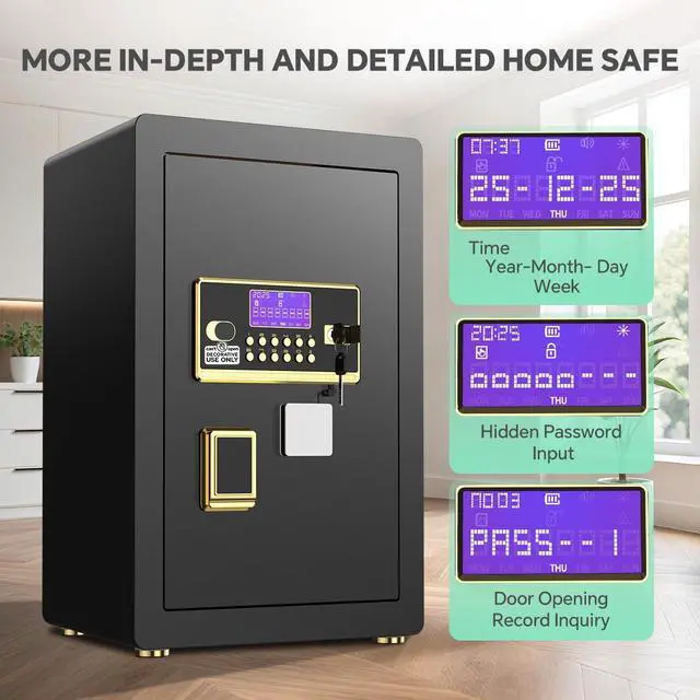 Alt view image 2 of 6 - Safe Box with Digital Keypad & Alarm System - Electronic Lock Box for Jewelry Cash with Adjustable Shelves - Includes LED Light & Fireproof and Waterproof Bag(0.8/1.0/1.3/1.53/2.5Cuft)