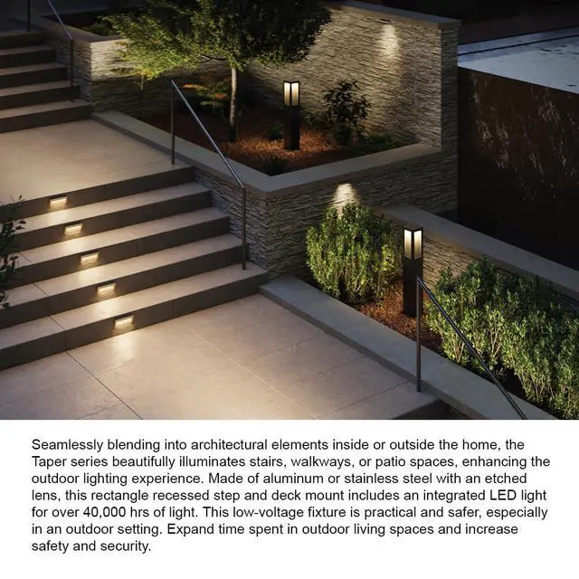 Alt view image 4 of 6 - Taper 12V Integrated LED Horizontal Step Light, Stainless Steel, Etched Glass, ADA Compliant, Recessed Mount, Outdoor Security Deck, Wiring Kit Included, Matte Black Stainless Finish