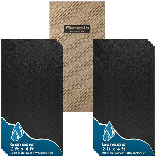 Main image of 2ft x 4ft Stucco Pro Black PVC Ceiling Tiles (10 Tiles? | Easy Drop-In Installation, Waterproof, Washable and Fire-rated