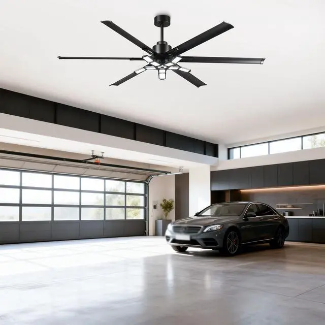 Alt view image 2 of 6 - 84 Inch Ceiling Fan with Lights and Remote, Extra Large DC Motor Ceiling Fan for Garage Warehouse Living Room, 6-Speed Reversible, High Airflow, Matte Black
