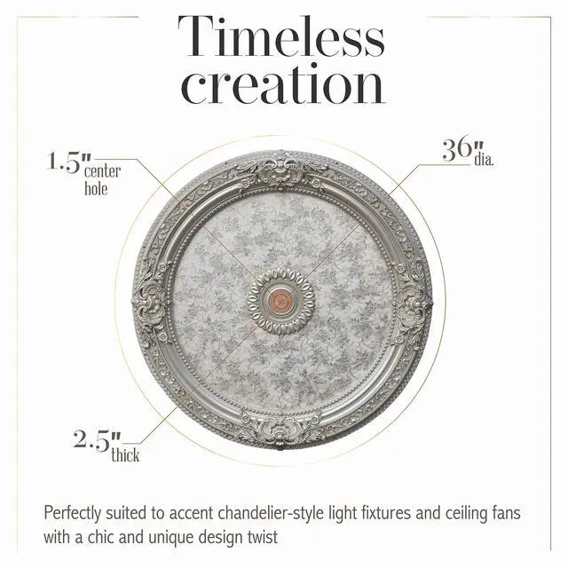 Alt view image 3 of 6 - Antique Round Silver Chandelier Ceiling Medallion or Fan Medallion, 36 Inches