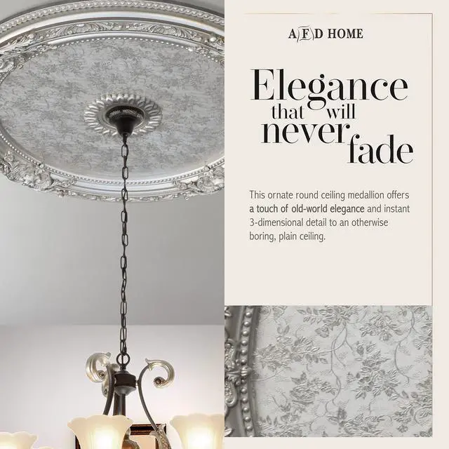 Alt view image 4 of 6 - Antique Round Silver Chandelier Ceiling Medallion or Fan Medallion, 36 Inches