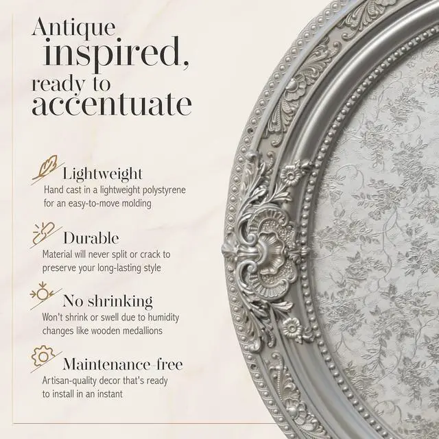 Alt view image 5 of 6 - Antique Round Silver Chandelier Ceiling Medallion or Fan Medallion, 36 Inches