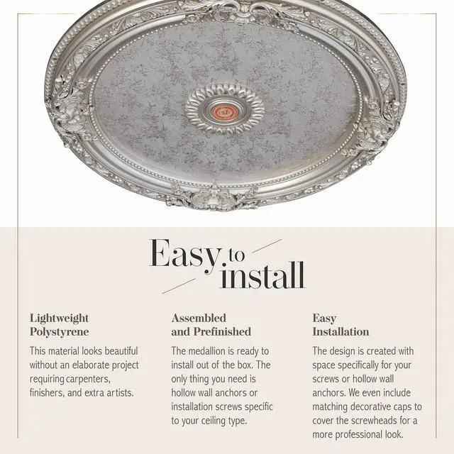Alt view image 6 of 6 - Antique Round Silver Chandelier Ceiling Medallion or Fan Medallion, 36 Inches