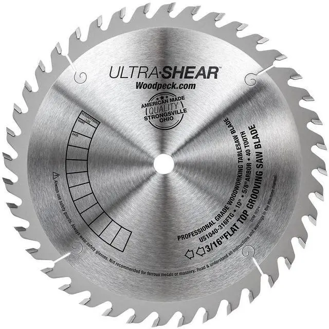 Main image of 10 Inch Flat-Top Grooving Table Saw Blade, Carbide Tipped, 40-Tooth, 3/16" Kerf & 5/8" Arbor, for Dados, Joints, Rabbets - Made in USA