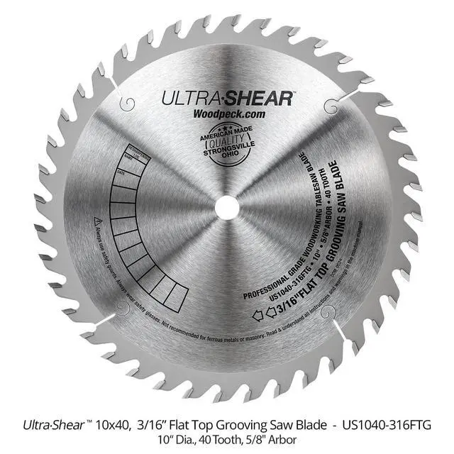 Alt view image 6 of 6 - 10 Inch Flat-Top Grooving Table Saw Blade, Carbide Tipped, 40-Tooth, 3/16" Kerf & 5/8" Arbor, for Dados, Joints, Rabbets - Made in USA