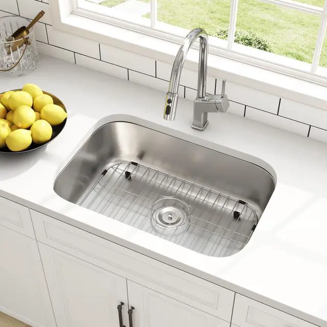 Main image of 27 Inch Undermount Curved Shape Single Bowl Kitchen Sink | 304 Stainless Steel, 18 Gauge Thickness, Brushed Satin Finish, Strainer & Grid Included, 27" x 18" x 9"
