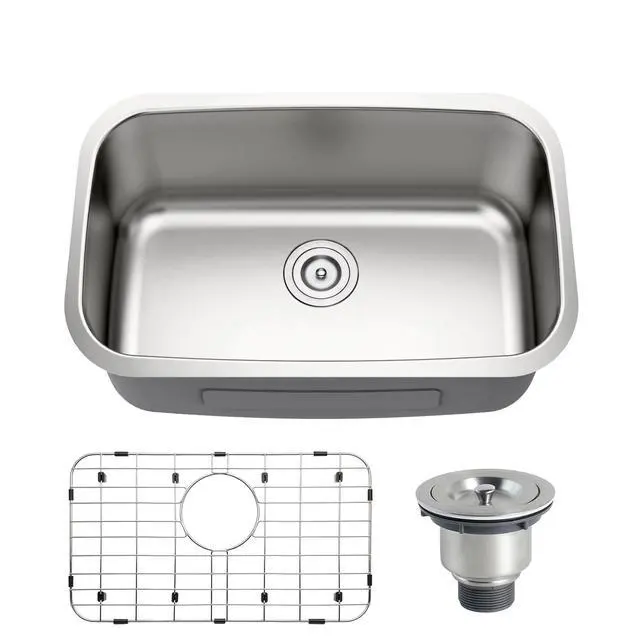 Alt view image 2 of 6 - 27 Inch Undermount Curved Shape Single Bowl Kitchen Sink | 304 Stainless Steel, 18 Gauge Thickness, Brushed Satin Finish, Strainer & Grid Included, 27" x 18" x 9"