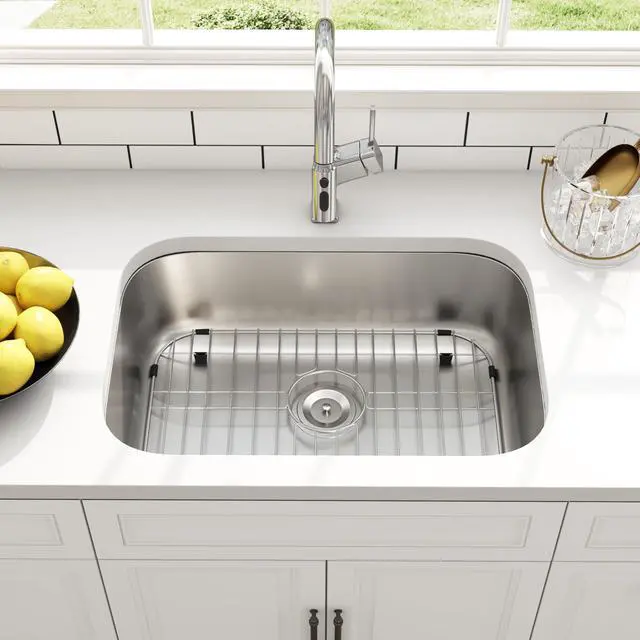 Alt view image 3 of 6 - 27 Inch Undermount Curved Shape Single Bowl Kitchen Sink | 304 Stainless Steel, 18 Gauge Thickness, Brushed Satin Finish, Strainer & Grid Included, 27" x 18" x 9"