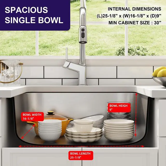 Alt view image 5 of 6 - 27 Inch Undermount Curved Shape Single Bowl Kitchen Sink | 304 Stainless Steel, 18 Gauge Thickness, Brushed Satin Finish, Strainer & Grid Included, 27" x 18" x 9"