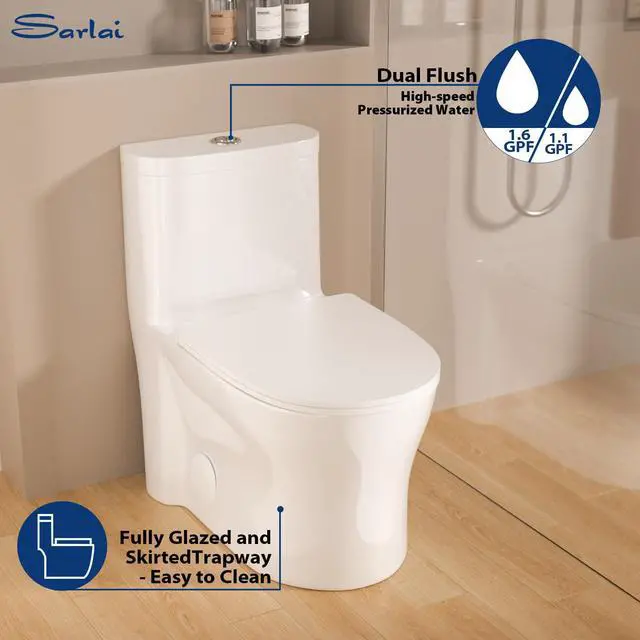 Alt view image 3 of 6 - One Piece Toilet with Comfort Chair Seat ADA Height 17.3",Compact Modern Bathroom Toilet Dual Flush 1.1/1.6 GPF, 12" Rough-In, Standard White Elongated Toilets Bowl