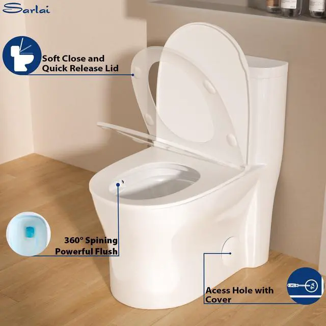 Alt view image 5 of 6 - One Piece Toilet with Comfort Chair Seat ADA Height 17.3",Compact Modern Bathroom Toilet Dual Flush 1.1/1.6 GPF, 12" Rough-In, Standard White Elongated Toilets Bowl