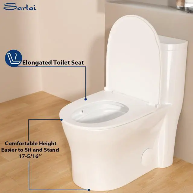 Alt view image 6 of 6 - One Piece Toilet with Comfort Chair Seat ADA Height 17.3",Compact Modern Bathroom Toilet Dual Flush 1.1/1.6 GPF, 12" Rough-In, Standard White Elongated Toilets Bowl