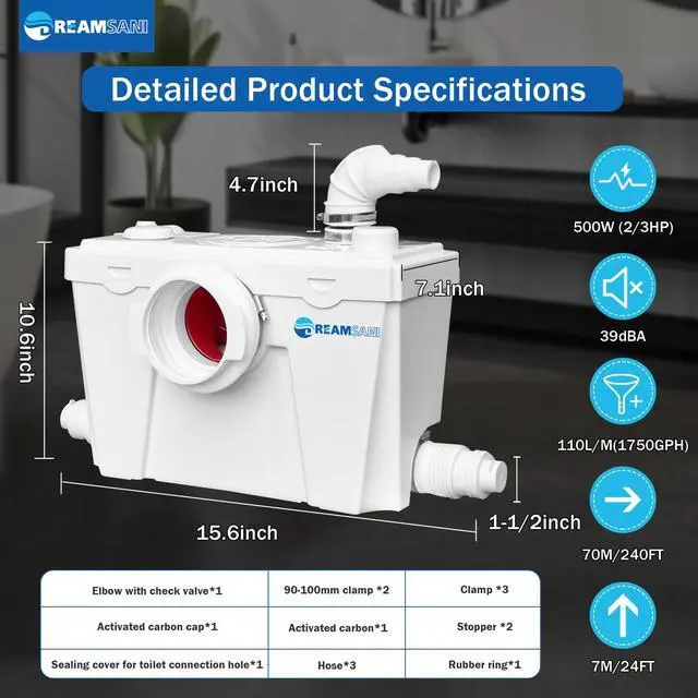 Alt view image 2 of 6 - Macerator Pump,500WMacecrating Toilet Pump for Basement with 4 Water Connections for Macerating Toilet,Cooking Sink,Laundry