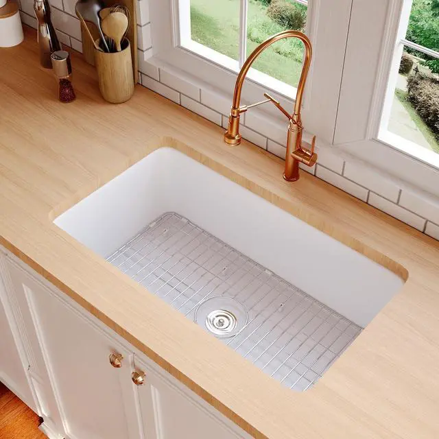Main image of Undermount Kitchen Sink 32 inch, White Fireclay Farmhouse Sinks, Single Bowl Deep Drop-in Kitchen Sink with Bottom Grid & Strainer, Heavy Duty Solid Fireclay
