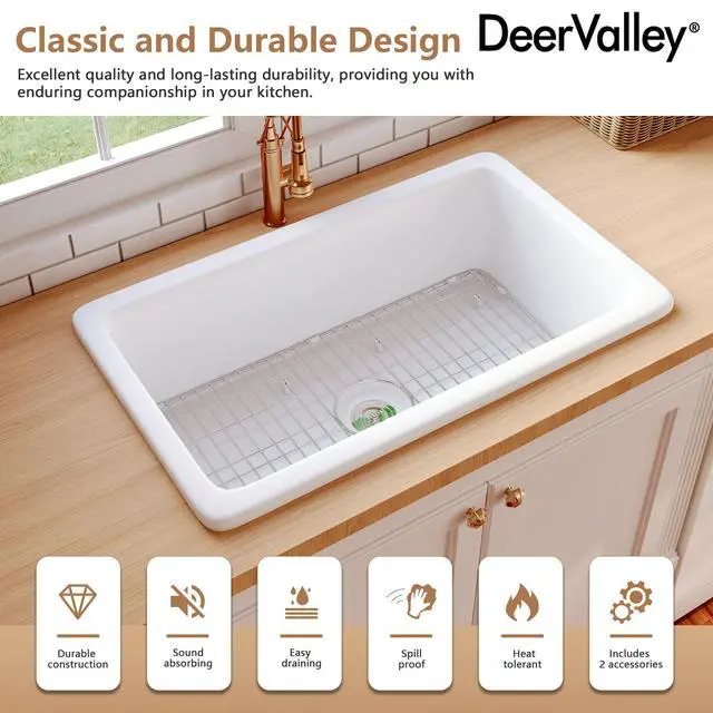 Alt view image 2 of 6 - Undermount Kitchen Sink 32 inch, White Fireclay Farmhouse Sinks, Single Bowl Deep Drop-in Kitchen Sink with Bottom Grid & Strainer, Heavy Duty Solid Fireclay