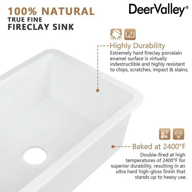 Alt view image 3 of 6 - Undermount Kitchen Sink 32 inch, White Fireclay Farmhouse Sinks, Single Bowl Deep Drop-in Kitchen Sink with Bottom Grid & Strainer, Heavy Duty Solid Fireclay