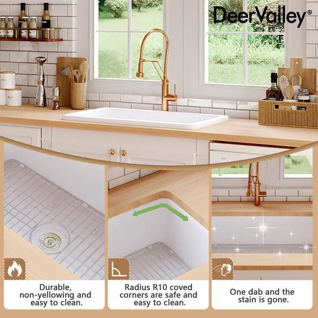 Alt view image 5 of 6 - Undermount Kitchen Sink 32 inch, White Fireclay Farmhouse Sinks, Single Bowl Deep Drop-in Kitchen Sink with Bottom Grid & Strainer, Heavy Duty Solid Fireclay