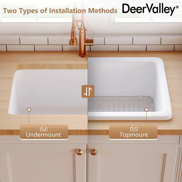 Alt view image 6 of 6 - Undermount Kitchen Sink 32 inch, White Fireclay Farmhouse Sinks, Single Bowl Deep Drop-in Kitchen Sink with Bottom Grid & Strainer, Heavy Duty Solid Fireclay