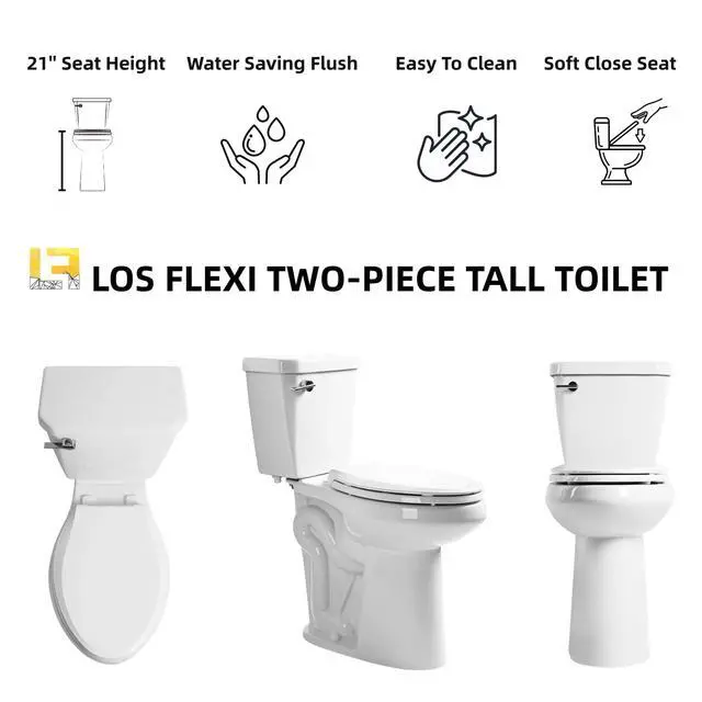 Alt view image 2 of 6 - Tall Toilet 21 Inch, Comfort Elongated 21" High Toilets For Seniors, Two-Piece Extra Tall Toilet for Bathroom, 1.28 GPF Single Flush, Soft-Closing Seat, 12-Inch Rough-In