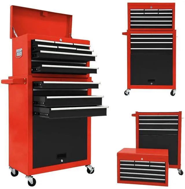 Main image of 13 Drawer Tool Chest,Tool Box with Wheels, Rolling Tool Cabinets with Drawers, Top Detachable Tool Chest with Hooks Handles for Workshop Mechanical Garage - (Black&Red)