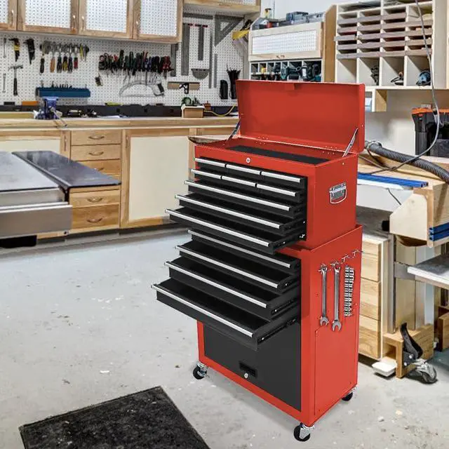 Alt view image 2 of 6 - 13 Drawer Tool Chest,Tool Box with Wheels, Rolling Tool Cabinets with Drawers, Top Detachable Tool Chest with Hooks Handles for Workshop Mechanical Garage - (Black&Red)
