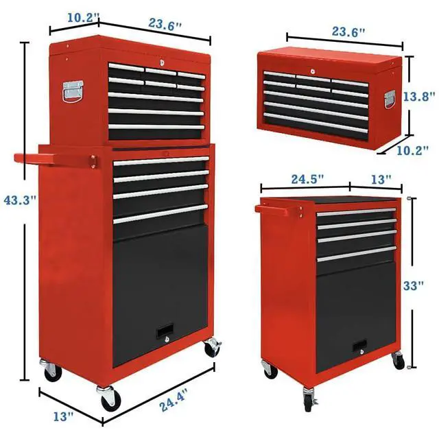 Alt view image 3 of 6 - 13 Drawer Tool Chest,Tool Box with Wheels, Rolling Tool Cabinets with Drawers, Top Detachable Tool Chest with Hooks Handles for Workshop Mechanical Garage - (Black&Red)