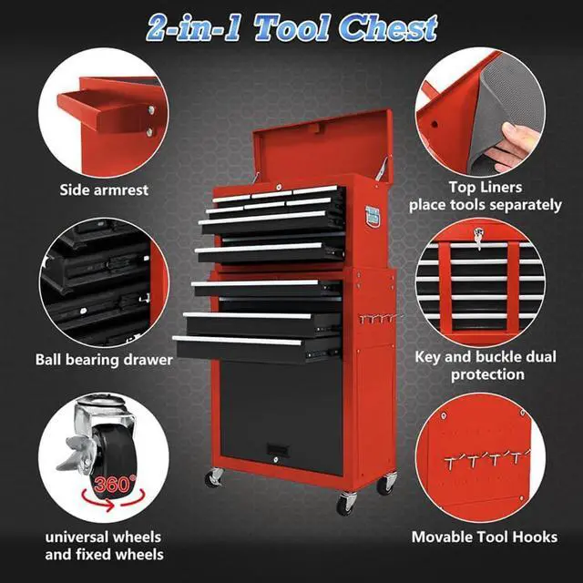 Alt view image 5 of 6 - 13 Drawer Tool Chest,Tool Box with Wheels, Rolling Tool Cabinets with Drawers, Top Detachable Tool Chest with Hooks Handles for Workshop Mechanical Garage - (Black&Red)