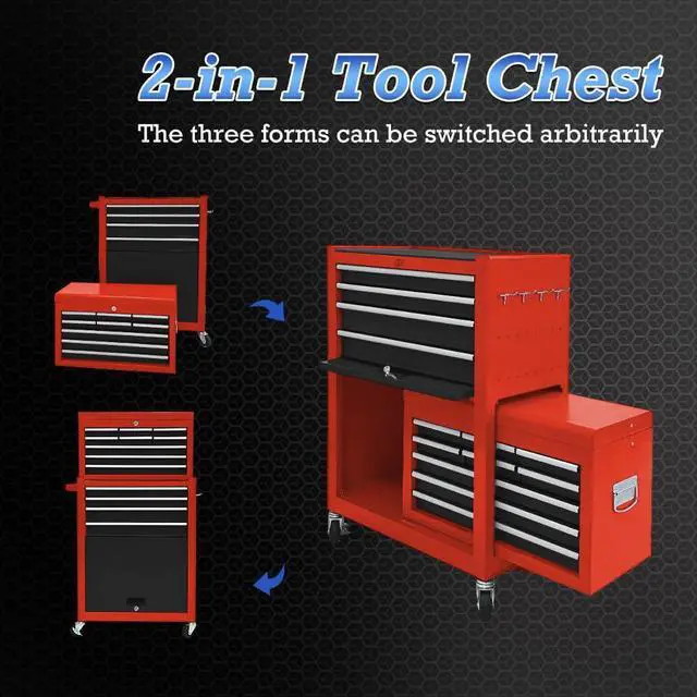 Alt view image 6 of 6 - 13 Drawer Tool Chest,Tool Box with Wheels, Rolling Tool Cabinets with Drawers, Top Detachable Tool Chest with Hooks Handles for Workshop Mechanical Garage - (Black&Red)