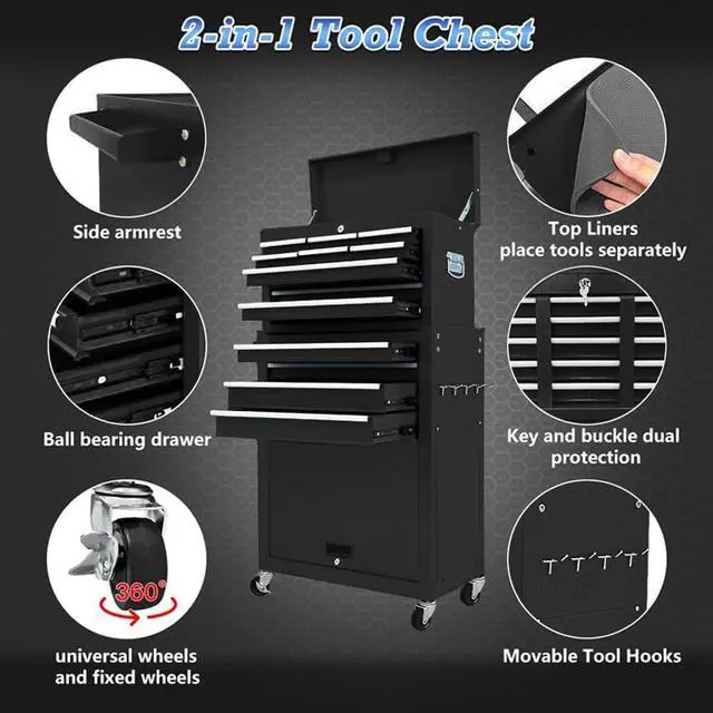 Alt view image 5 of 6 - 13-Drawer Rolling Tool Chest,Large Toolbox with Wheels, Tool Cabinets with Drawers, Top Detachable Tool Box with Hooks Handles for Workshop Mechanical Garage - Black