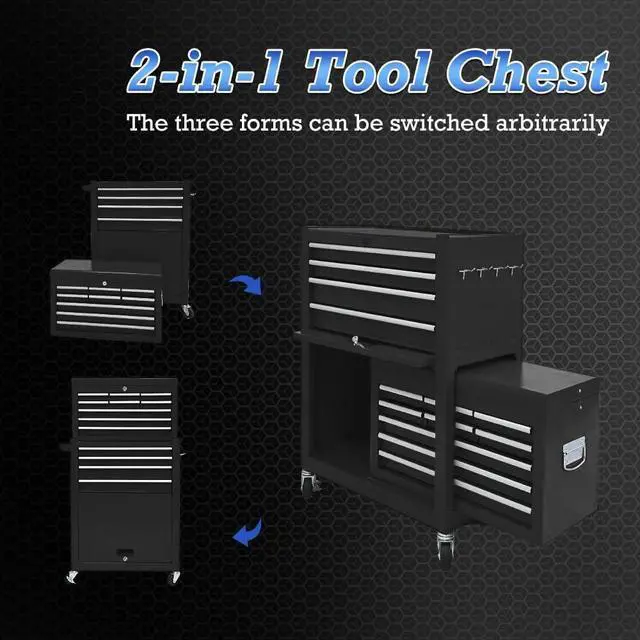 Alt view image 6 of 6 - 13-Drawer Rolling Tool Chest,Large Toolbox with Wheels, Tool Cabinets with Drawers, Top Detachable Tool Box with Hooks Handles for Workshop Mechanical Garage - Black