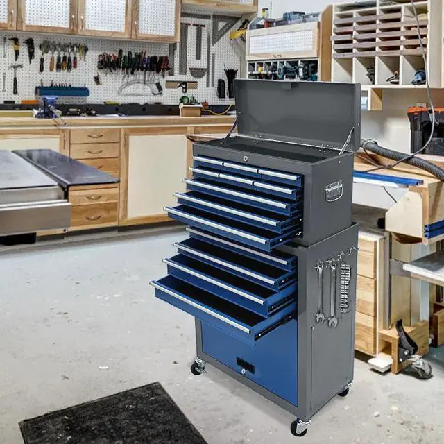 Alt view image 2 of 6 - 13-Drawer Tool Chest, Rolling Tool Box with Wheels, Tool Cabinets with Drawers, Top Detachable Toolbox with Hooks Handles for Workshop Mechanical Garage (Blue & Grey)