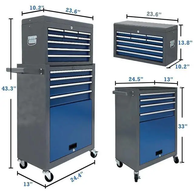 Alt view image 3 of 6 - 13-Drawer Tool Chest, Rolling Tool Box with Wheels, Tool Cabinets with Drawers, Top Detachable Toolbox with Hooks Handles for Workshop Mechanical Garage (Blue & Grey)