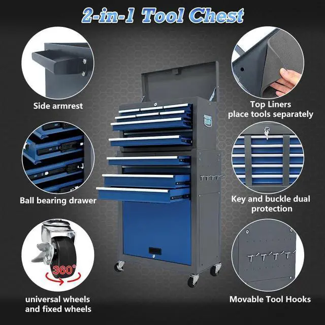 Alt view image 4 of 6 - 13-Drawer Tool Chest, Rolling Tool Box with Wheels, Tool Cabinets with Drawers, Top Detachable Toolbox with Hooks Handles for Workshop Mechanical Garage (Blue & Grey)