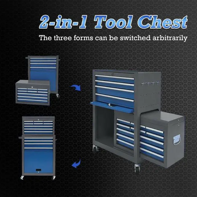 Alt view image 5 of 6 - 13-Drawer Tool Chest, Rolling Tool Box with Wheels, Tool Cabinets with Drawers, Top Detachable Toolbox with Hooks Handles for Workshop Mechanical Garage (Blue & Grey)