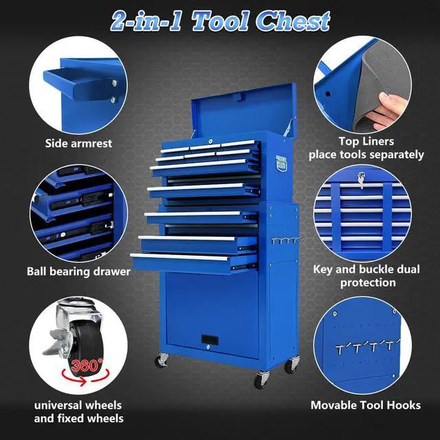 Alt view image 4 of 6 - 13 Drawer Tool Chest,Toolbox with Wheels, Rolling Tool Cabinets with Drawers, Top Detachable Tool Chest with Hooks Handles for Workshop Mechanical Garage - Blue