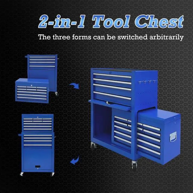 Alt view image 5 of 6 - 13 Drawer Tool Chest,Toolbox with Wheels, Rolling Tool Cabinets with Drawers, Top Detachable Tool Chest with Hooks Handles for Workshop Mechanical Garage - Blue