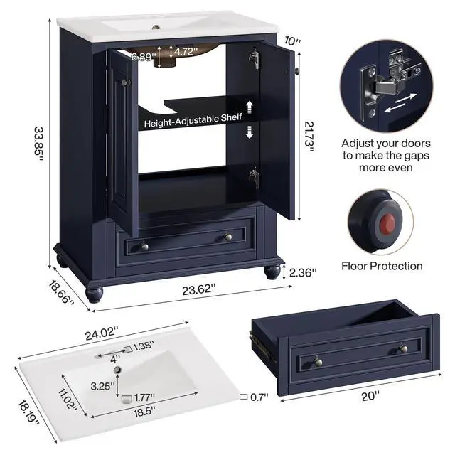 Alt view image 2 of 6 - 24" Bathroom Vanity with Ceramic Sink Combo, Freestanding Bathroom Storage Vanity Cabinet with 2 Doors & 1 Drawer, Solid Wooden Frame & Coated Surface, Metal Handle, Navy Blue