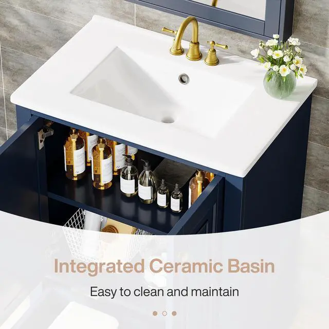 Alt view image 3 of 6 - 24" Bathroom Vanity with Ceramic Sink Combo, Freestanding Bathroom Storage Vanity Cabinet with 2 Doors & 1 Drawer, Solid Wooden Frame & Coated Surface, Metal Handle, Navy Blue