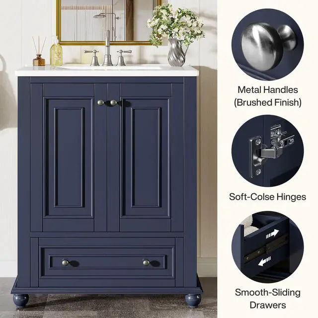 Alt view image 4 of 6 - 24" Bathroom Vanity with Ceramic Sink Combo, Freestanding Bathroom Storage Vanity Cabinet with 2 Doors & 1 Drawer, Solid Wooden Frame & Coated Surface, Metal Handle, Navy Blue