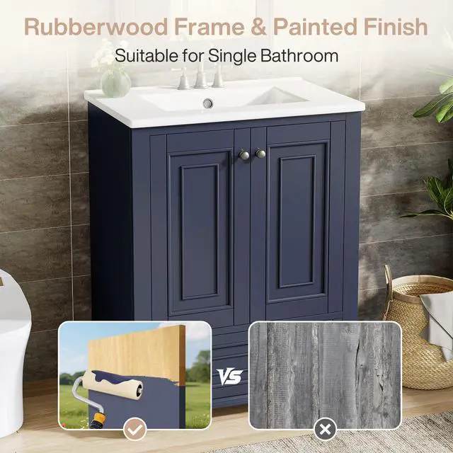 Alt view image 5 of 6 - 24" Bathroom Vanity with Ceramic Sink Combo, Freestanding Bathroom Storage Vanity Cabinet with 2 Doors & 1 Drawer, Solid Wooden Frame & Coated Surface, Metal Handle, Navy Blue