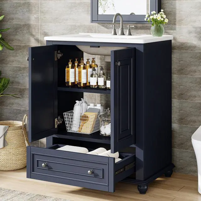 Alt view image 6 of 6 - 24" Bathroom Vanity with Ceramic Sink Combo, Freestanding Bathroom Storage Vanity Cabinet with 2 Doors & 1 Drawer, Solid Wooden Frame & Coated Surface, Metal Handle, Navy Blue