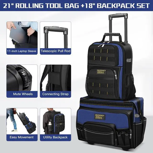 Alt view image 3 of 6 - 21" Rolling Tool Bag with Wheels & 18" Tool Backpack Set | Adjustable Telescoping Handle | Waterproof Tool Bag | Tool Backpack Heavy Duty | 1680D Oxford Cloth | USB Charging Port | 55 Pockets