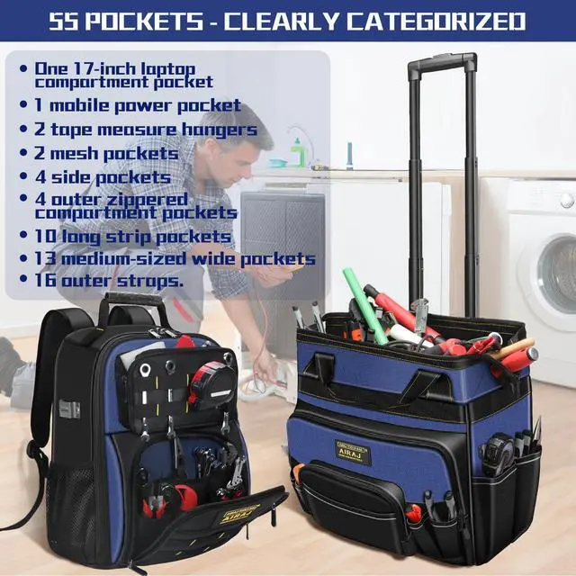 Alt view image 6 of 6 - 21" Rolling Tool Bag with Wheels & 18" Tool Backpack Set | Adjustable Telescoping Handle | Waterproof Tool Bag | Tool Backpack Heavy Duty | 1680D Oxford Cloth | USB Charging Port | 55 Pockets