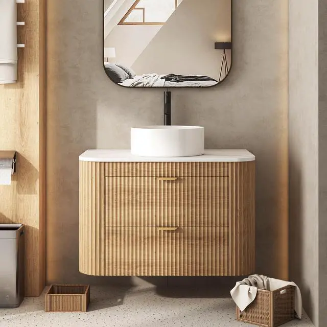 Main image of 30 Inch Floating Bathroom Vanity with Sink Combo, Wall Mounted Vanity with Marble Look Wooden Countertop & Ceramic Sink, Modern Fluted Cabinet with 2 Storage Drawers, Natural Wood Grain