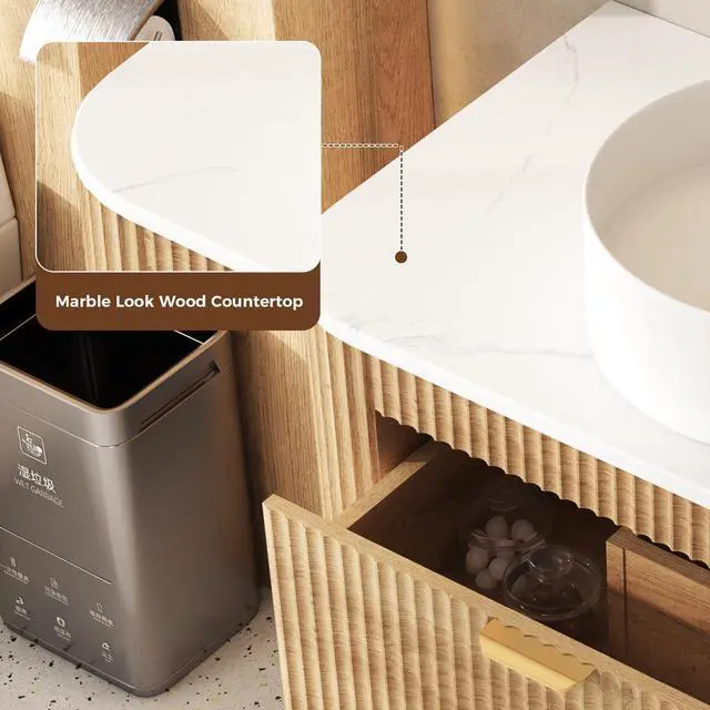Alt view image 4 of 6 - 30 Inch Floating Bathroom Vanity with Sink Combo, Wall Mounted Vanity with Marble Look Wooden Countertop & Ceramic Sink, Modern Fluted Cabinet with 2 Storage Drawers, Natural Wood Grain