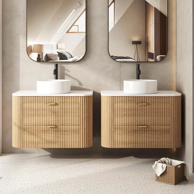 Alt view image 5 of 6 - 30 Inch Floating Bathroom Vanity with Sink Combo, Wall Mounted Vanity with Marble Look Wooden Countertop & Ceramic Sink, Modern Fluted Cabinet with 2 Storage Drawers, Natural Wood Grain